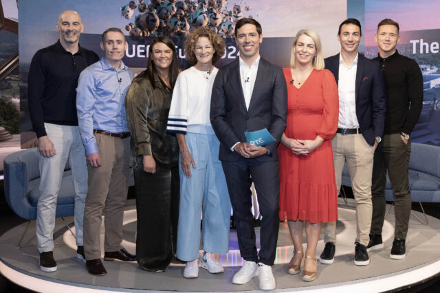 27/6/24 MAXWELL PHOTOGRAPHY – NO FEE
PHOTO SHOWS: RTÉ sports presenter, Paul O’Flynn (centre), with panellists (L-R) Richie Sadlier, Jason Smyth, Gráinne Murphy, Sonia O’Sullivan, Ursula Jacob, Stephen Kelly and Paul Flynn, at the RTÉ Summer of Sport event held on the Donnybrook campus. The event included panel discussions showcasing the breadth of coverage across TV, radio and RTÉ Player of the GAA championships, UEFA Euros 2024, Paris Olympics 2024 and the Paralympic Games.
PIC: Maxwells – no repro feeImage for Article:Clúdach ar na Cluichí Oilimpeacha agus Parailimpeacha le linn samhradh ollmhór spóirt fógartha ag RTÉ