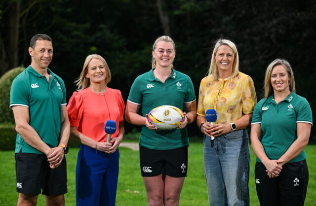 31 July 2025; RTÉ presenters Jacqui Hurley and Clare MacNamara pictured with Ireland Head Coach Scott Bemand and players Sam Monaghan, centre, and Edel McMahon at Dunboyne Castle in Meath as RTÉ launches its Womens Rugby World Cup 2025 Coverage. *** NO REPRODUCTION FEE ***Image for Article:This weekend sees another feast of free-to-air Sport across RTÉ